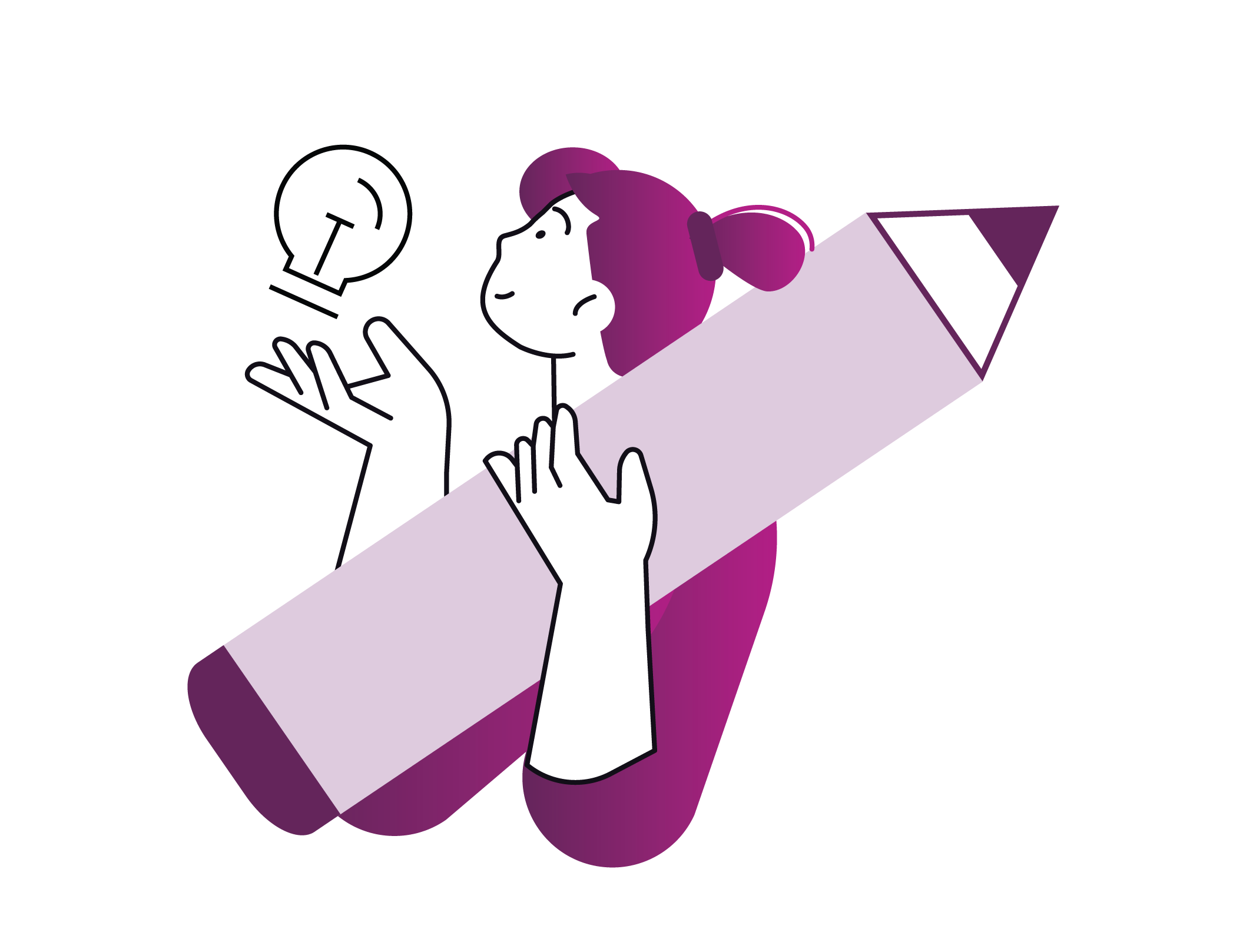 Illustration of a laptop with a hand coming up the screen, two pencils and a lightbulb.