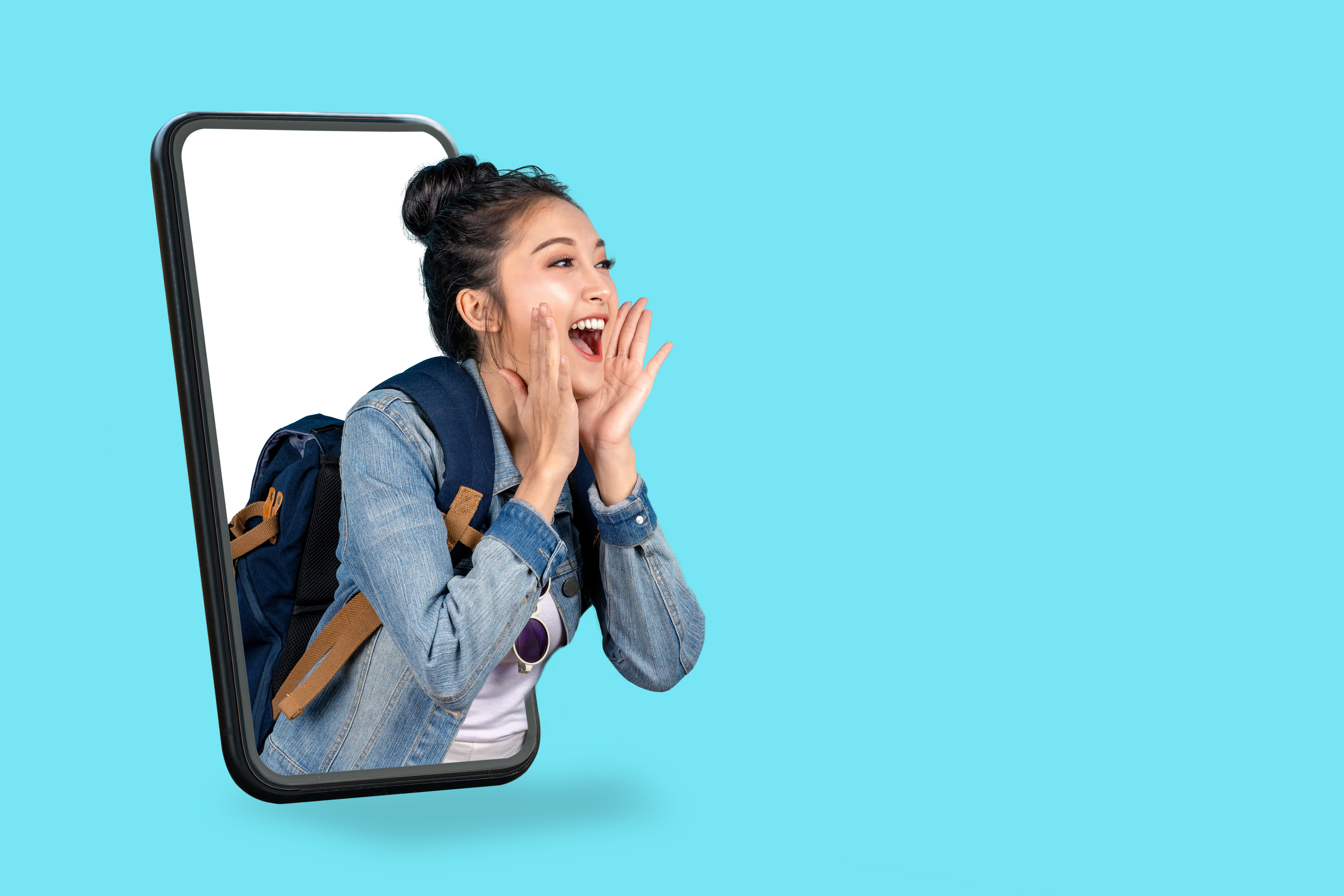 backpacker appearing through smartphone and shouting; concept of travel marketing